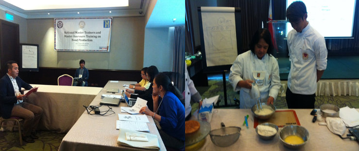 Assessment day for the Master Assessors and Master Trainers: Dr. Mark Irvin Celis (left picture) being assessed by ASEAN Masters Chef Elena Rivera and Chef Julie Mendoza. Eva Marie Ignacio (right picture) conducting her presentation for the Master Trainers’ Assessment Day.